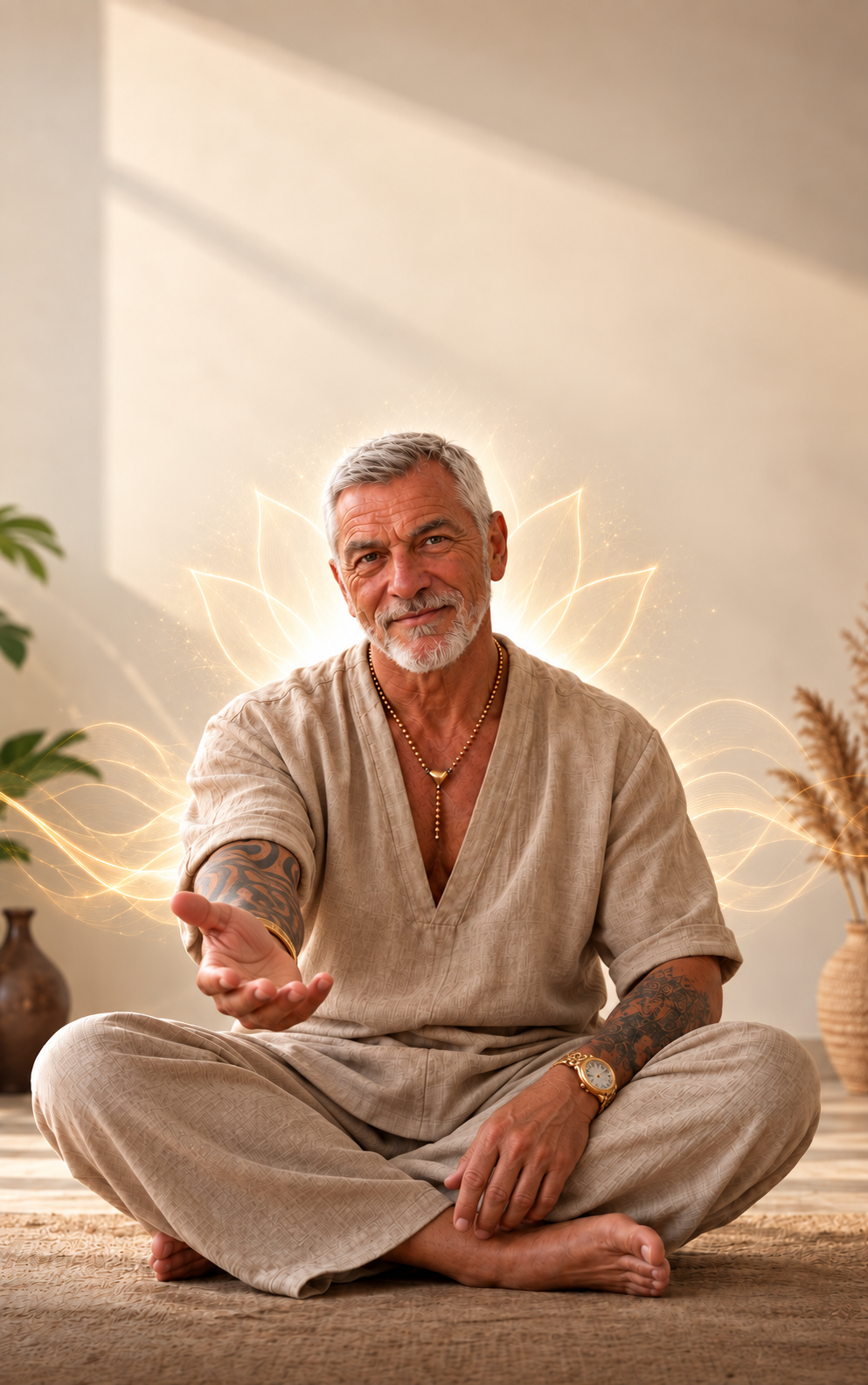 Dirk sitzt in meditativer Haltung, umgeben von warmem Licht
